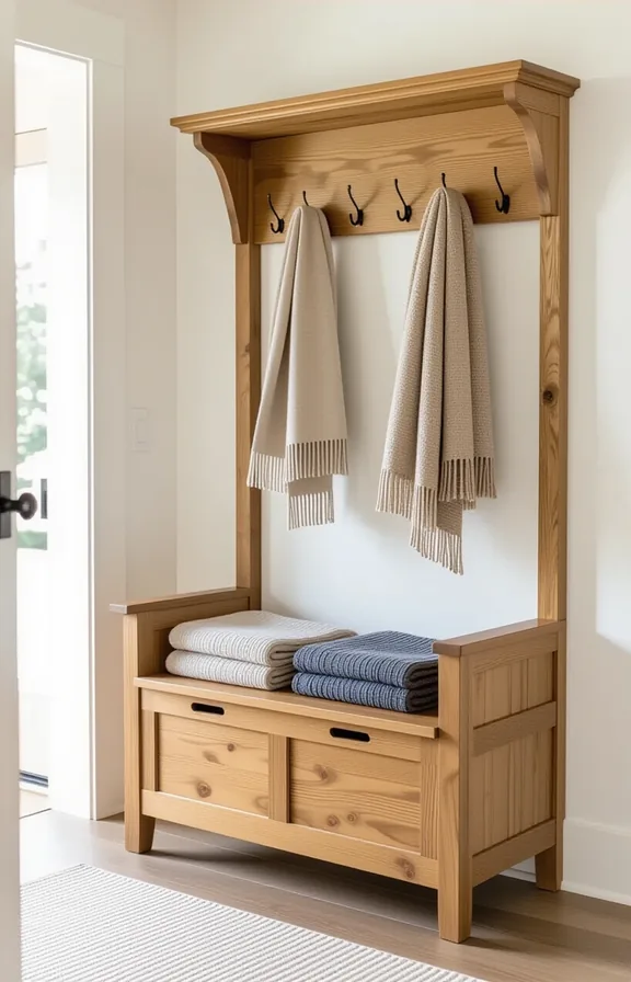 3/4 view medium shot wooden coat rack with