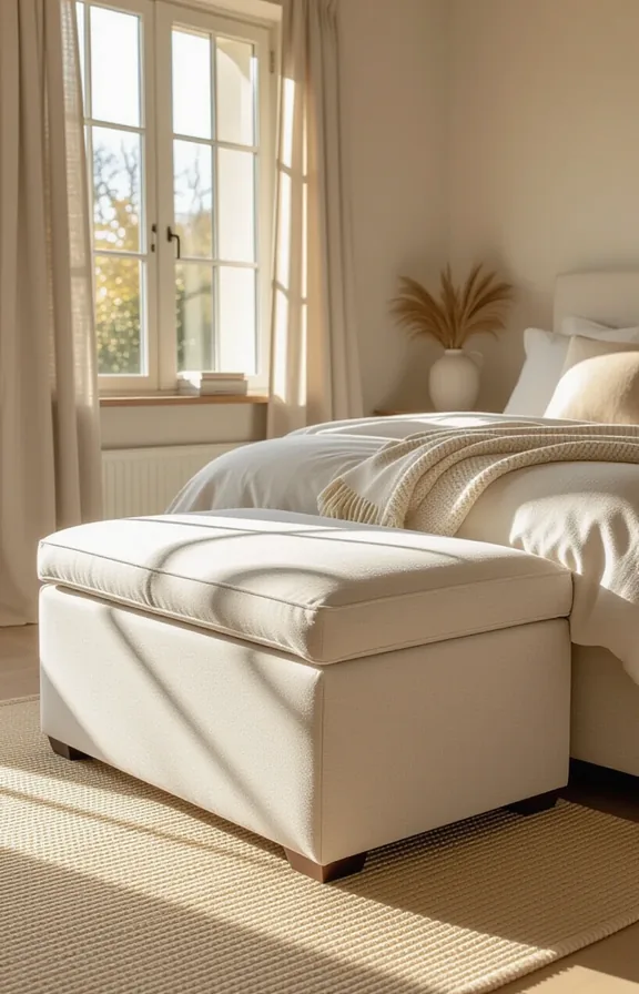 3/4 view medium shot large upholstered storage ottoman