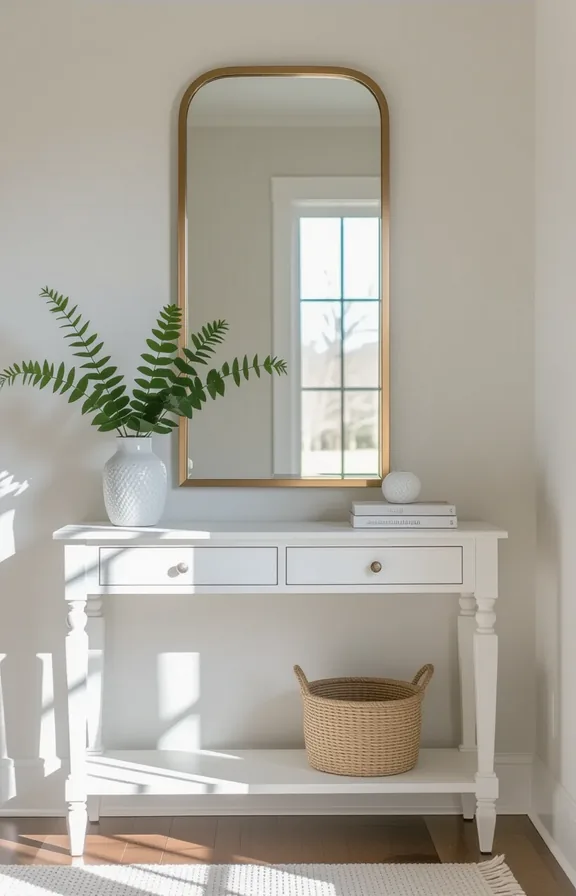 Eye-level medium shot narrow console table with large