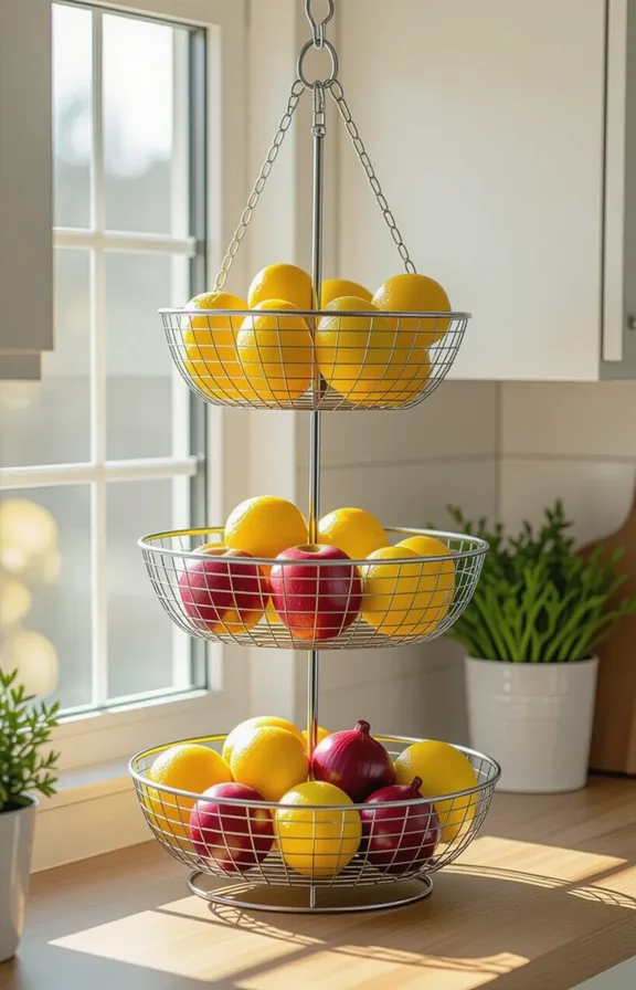 Overhead 3/4 view three-tiered metal hanging fruit basket