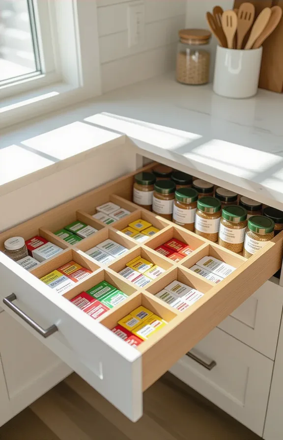 Top-down 3/4 view kitchen drawer open show custom