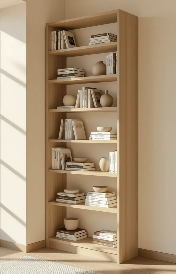 Eye-level medium shot tall freestanding bookshelf designed like