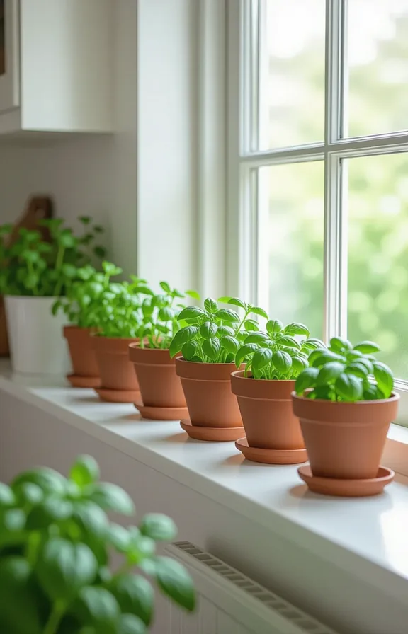 Eye-level wide shot deep window sill lined with terracotta pots and lush herbs against a white window frame