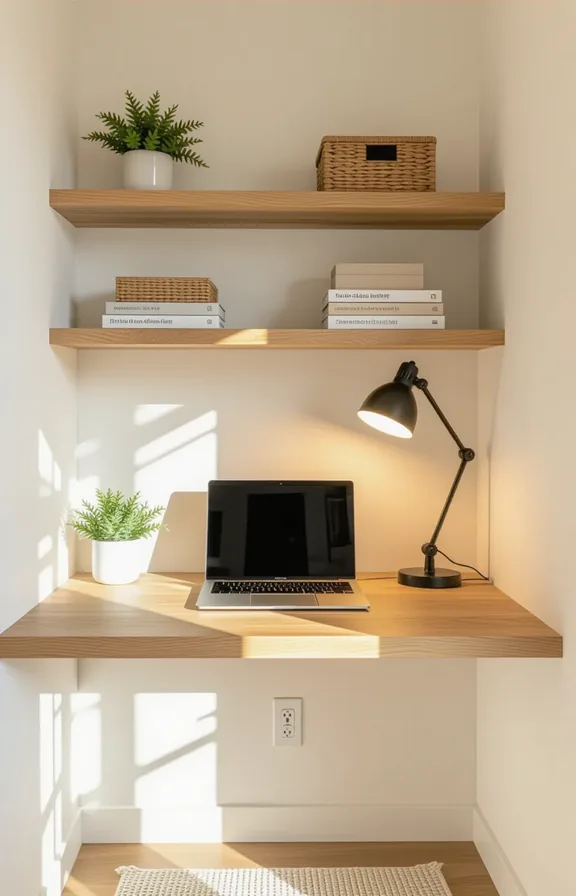 Eye-level medium shot wall-mounted floating desk small home