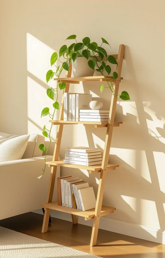 3/4 view medium shot freestanding wooden leaning ladder