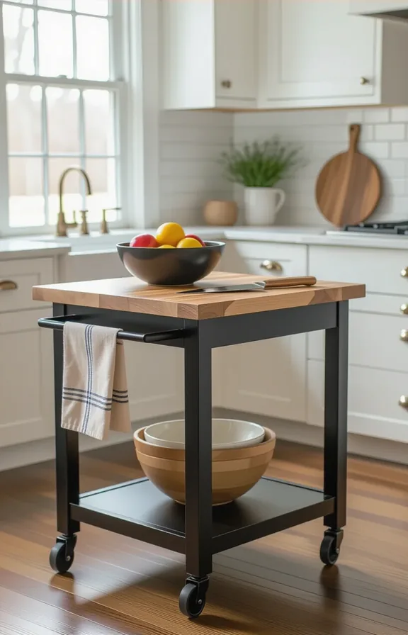 Eye-level medium shot narrow rolling kitchen cart with