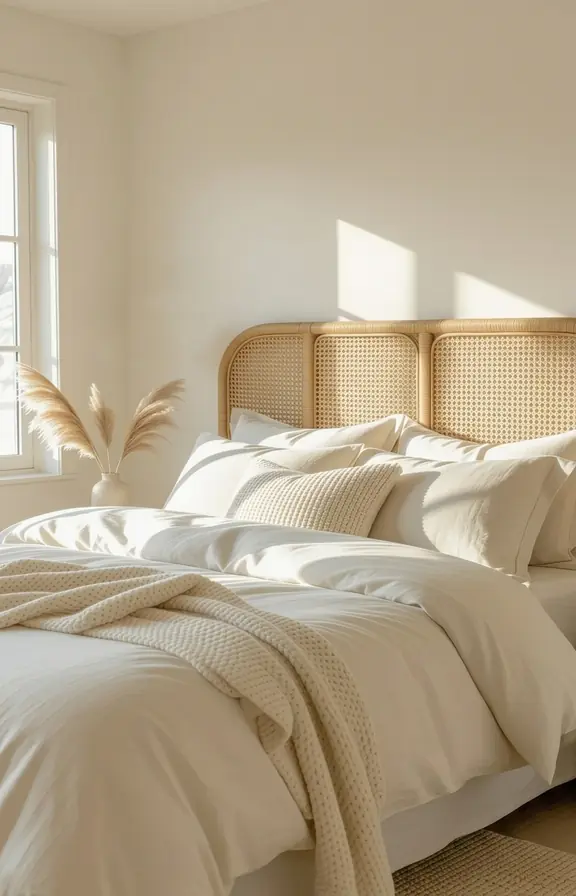Medium shot woven rattan headboard soft sun-filled bedroom.