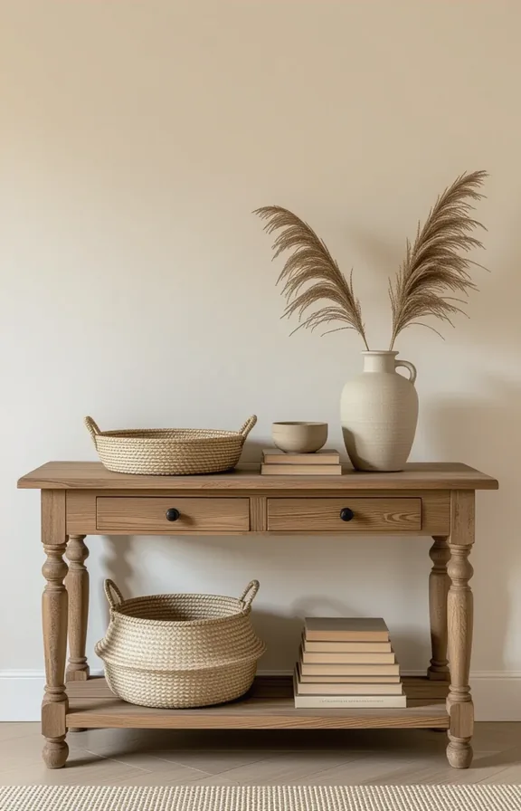 long rustic wood console table against plain painted
