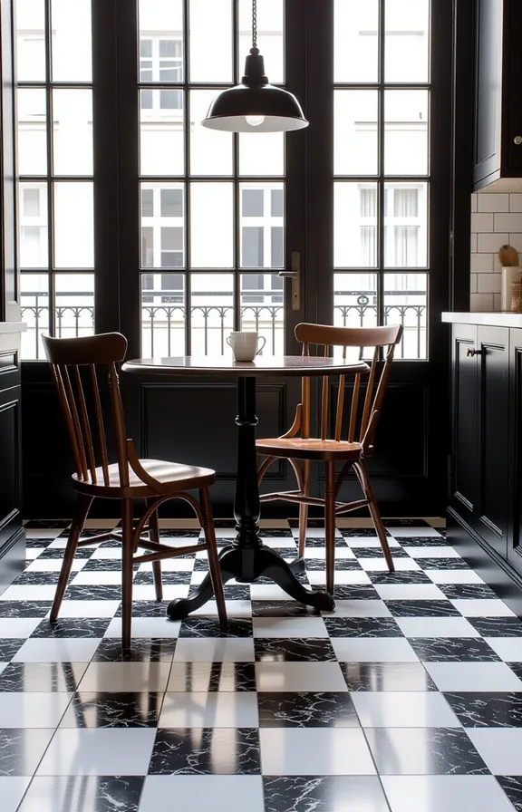 Wide shot medium-sized kitchen floor with classic black