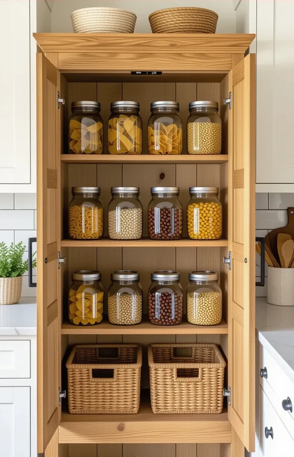 Medium shot freestanding open wood pantry shelf kitchen.