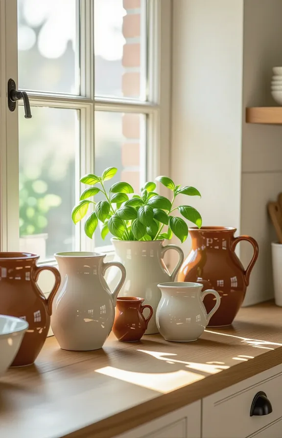 Medium shot deep kitchen windowsill displaying collection ceramic