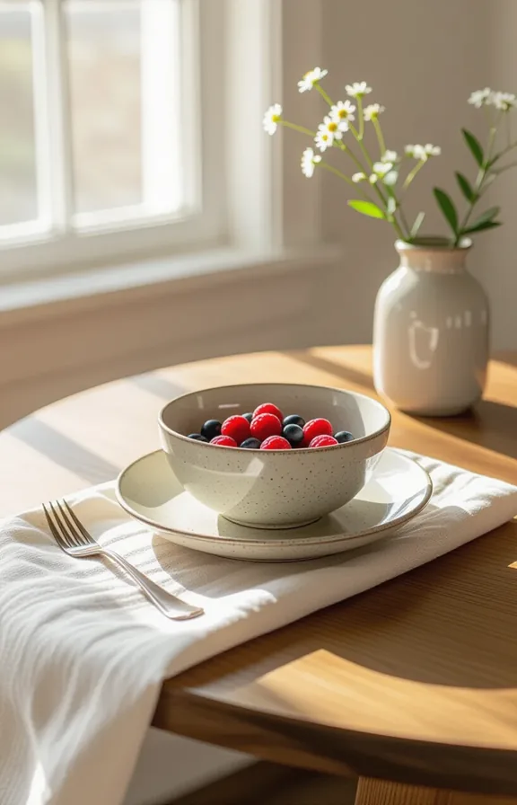 Medium shot small round wooden breakfast table set