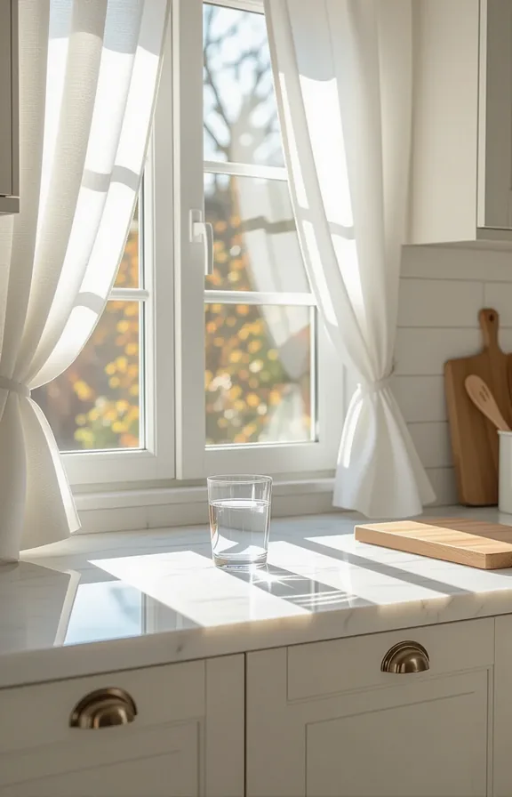 medium-sized kitchen window with simple white cafe curtain.