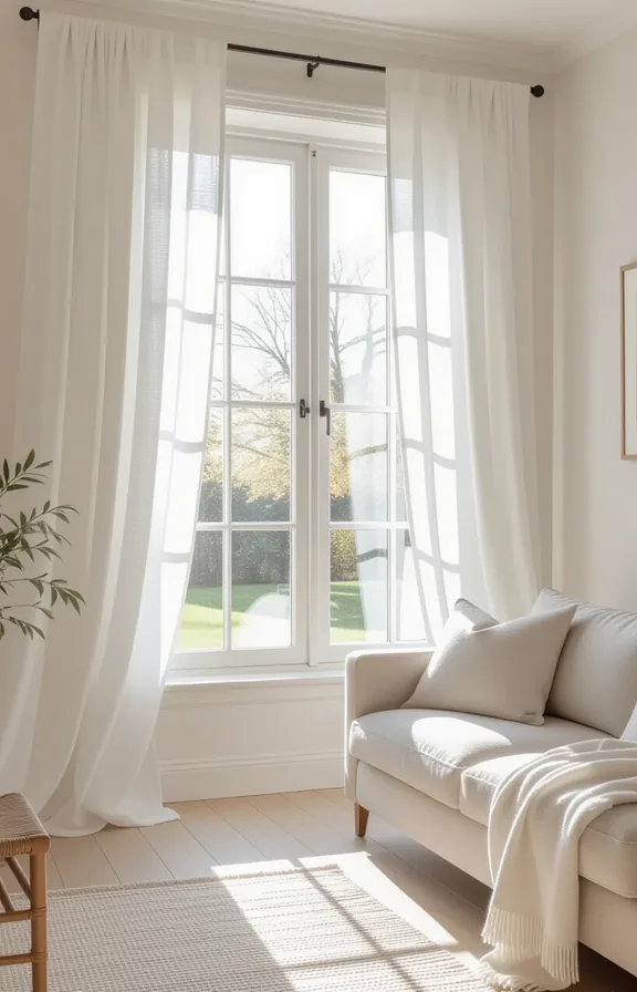 Medium shot floor-to-ceiling sheer linen curtains blowing gently
