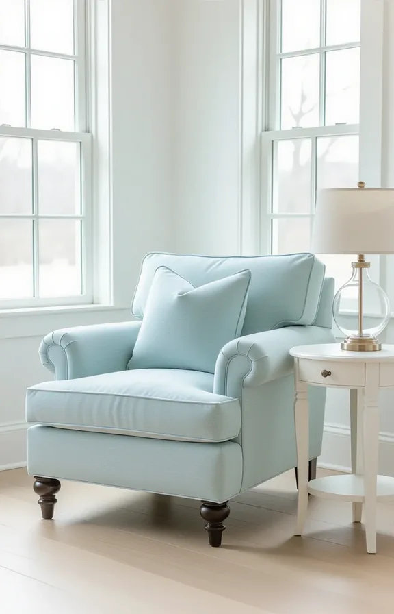 Medium shot comfortable slipcovered armchair soft duck egg