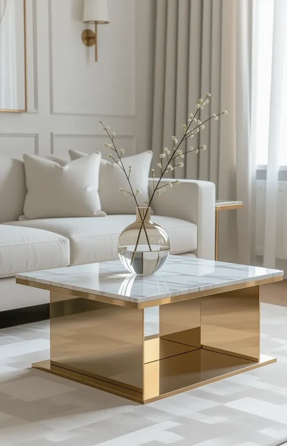 Three-quarter view small brass and marble coffee table