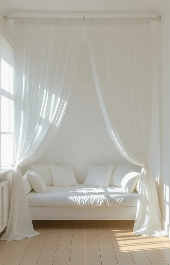 Medium shot sheer white curtains hung from ceiling