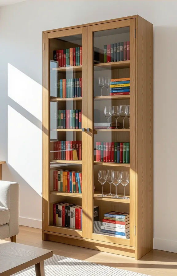 tall freestanding bookcase with glass front doors small