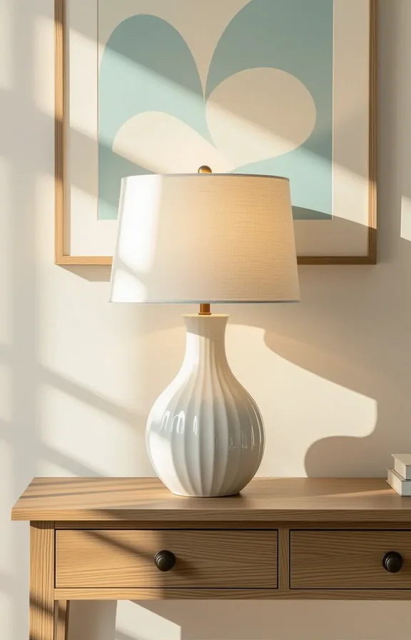Medium shot fluted white ceramic table lamp wooden