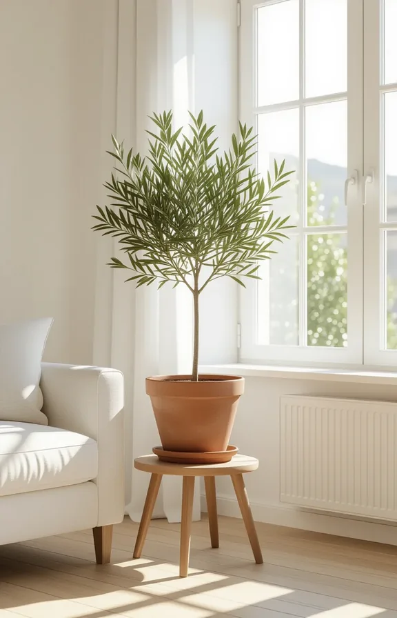 Three-quarter view petite olive tree terracotta pot placed