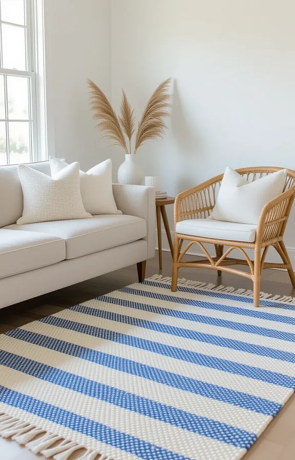 Medium shot pale blue and white striped flatweave