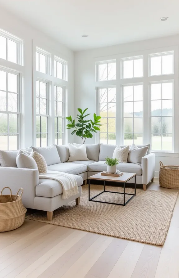 Three-quarter view wide plank white oak flooring throughout