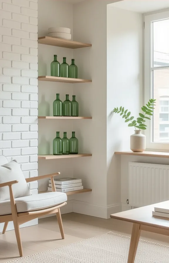 Three-quarter view white-painted exposed brick feature wall small