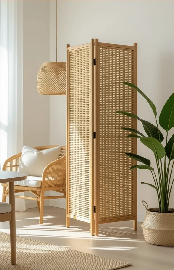 freestanding room divider made natural cane weaving partially