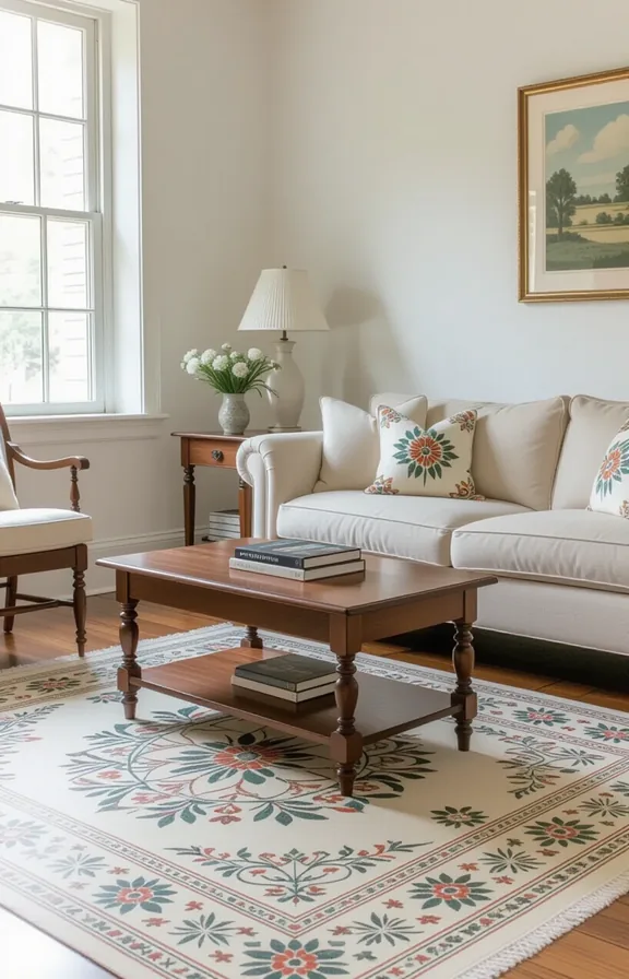 Medium shot vintage-style painted floorcloth with central floral