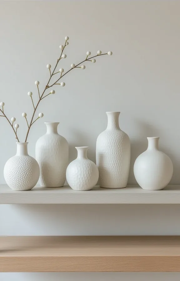 Three-quarter view collection textured white stoneware vases floating