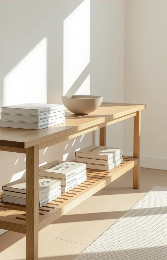 long low slatted wood console table against wall