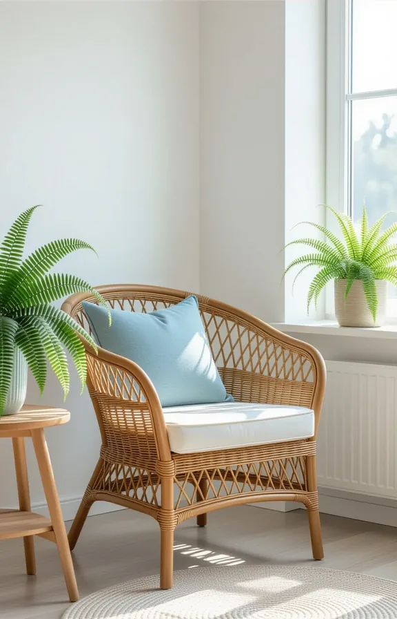 Medium shot curved wicker accent chair the corner