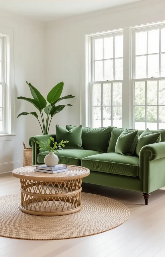 Three-quarter view deep-seated sage green velvet sofa small
