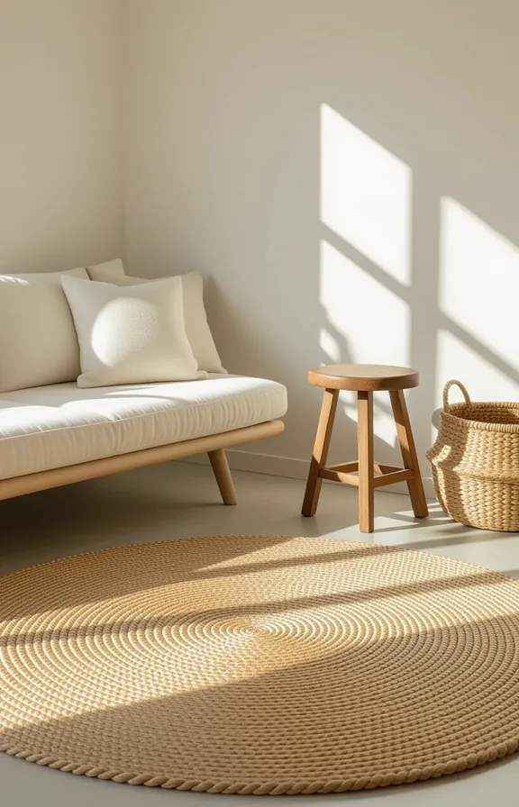 Medium shot large oatmeal-colored jute rug defining the
