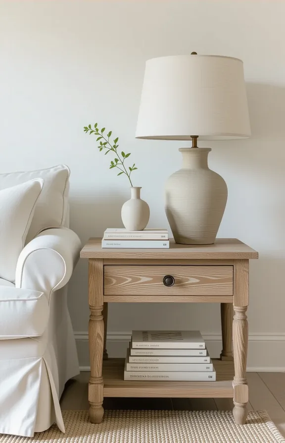 cerused oak side table beside slipcovered chair its