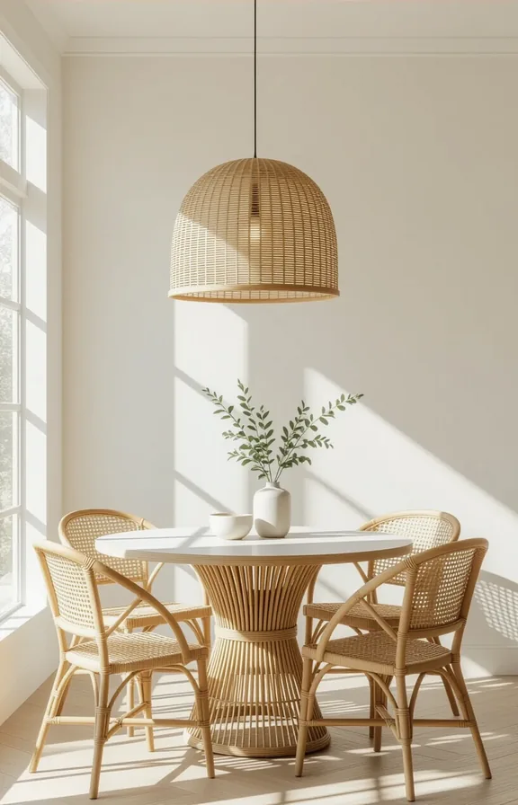Medium shot pale rattan pendant light hanging over