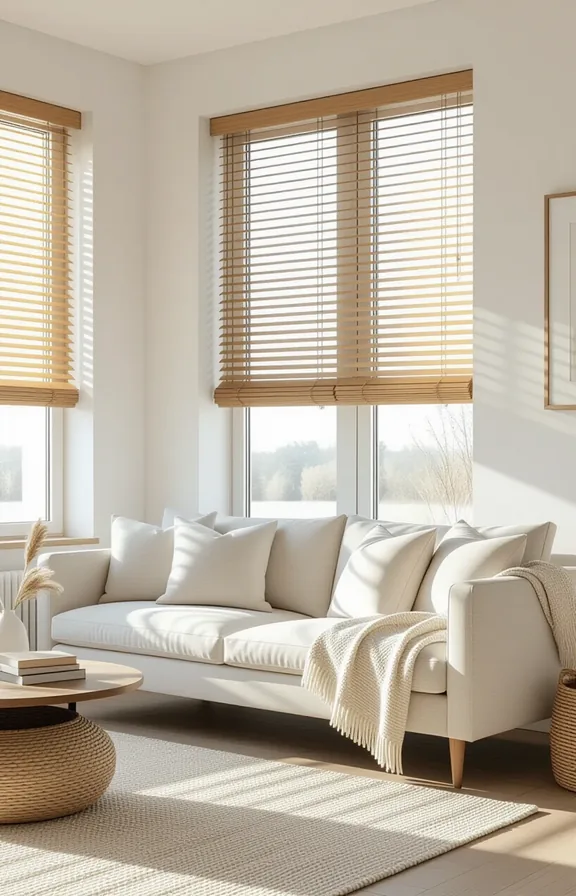 Three-quarter view window dressed with stacked natural bamboo
