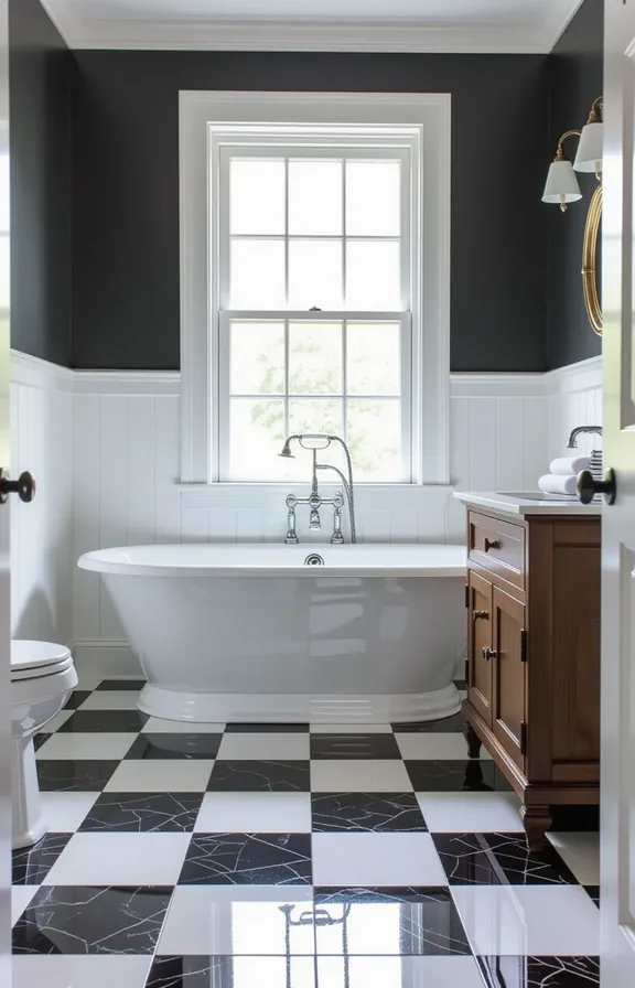 Medium shot classic black and white checkerboard tile