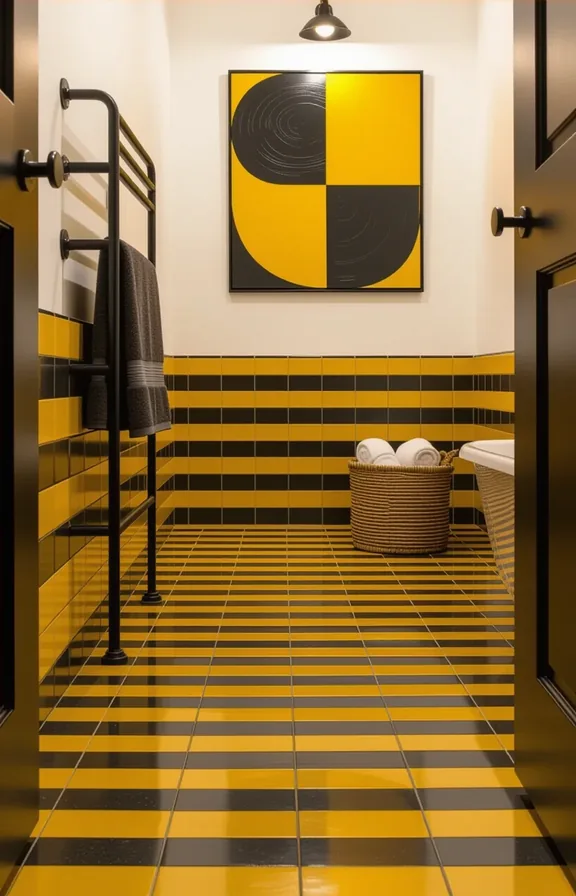 Medium shot floor mustard yellow and charcoal grey
