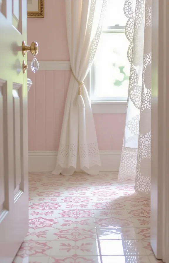 3/4 view muted pink Victorian floral patterned tile