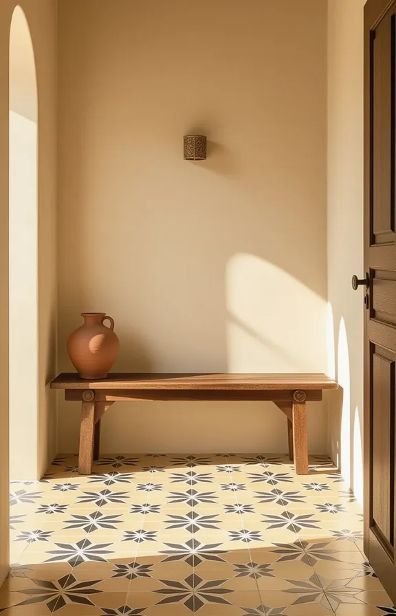 Eye-level view pale ochre tile floor with Moroccan