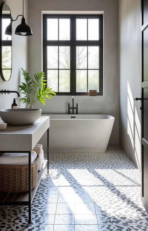 Medium shot speckled cement encaustic tile floor grey