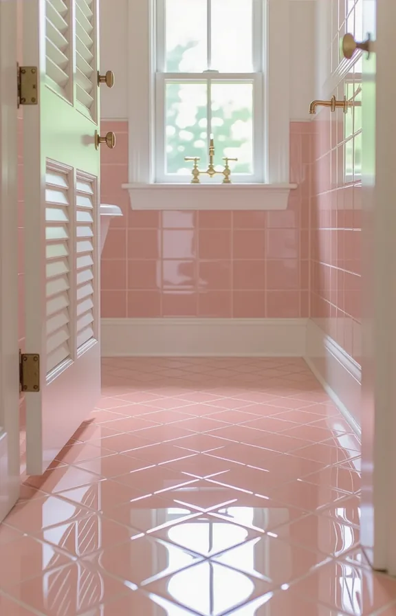 Medium shot dusty rose tile floor diamond grid