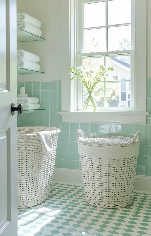 3/4 view seafoam green and cream dot patterned