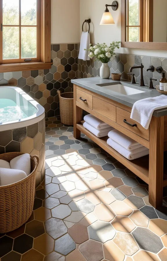 Eye-level view floor natural slate hexagon mosaic tiles