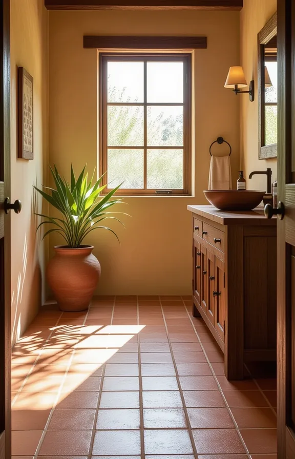 3/4 view large rustic terracotta Saltillo tile floor