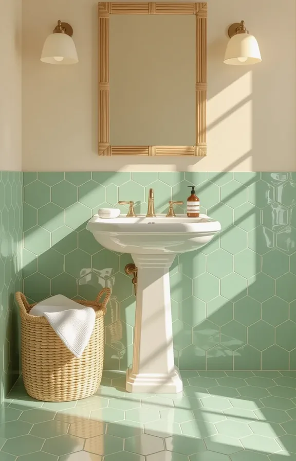 floor soft sage green hexagon tiles medium-sized bathroom