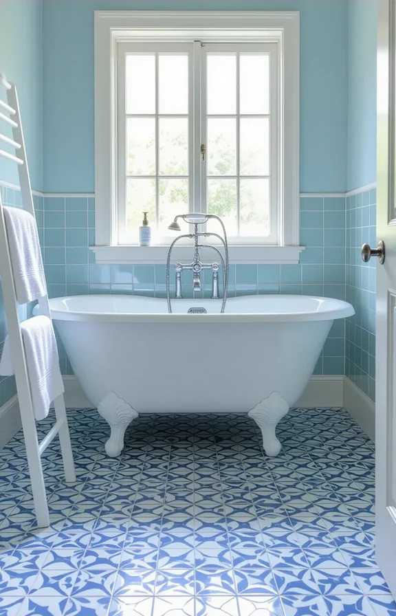 Medium shot vintage patterned floor with dusty blue