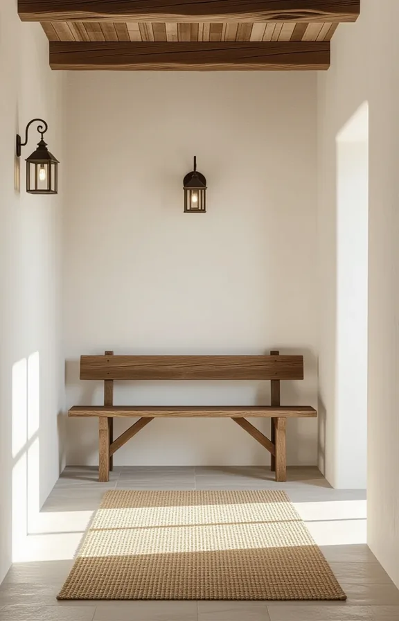 Medium shot empty hallway with distressed wooden bench