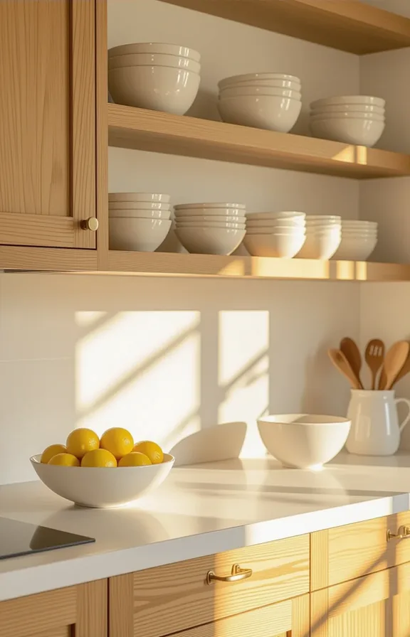 Medium shot kitchen with honey-toned wooden cabinets open